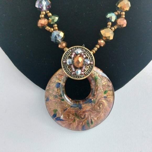 Boho Artisan Glass Pendant Necklace Bronze Beaded Statement Jewelry Maximalism - Picture 6 of 11